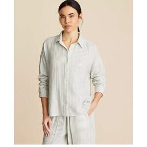 Ann Taylor LOFT Women Striped Triple Cloth Button Front Shirt Size XL Gray Green